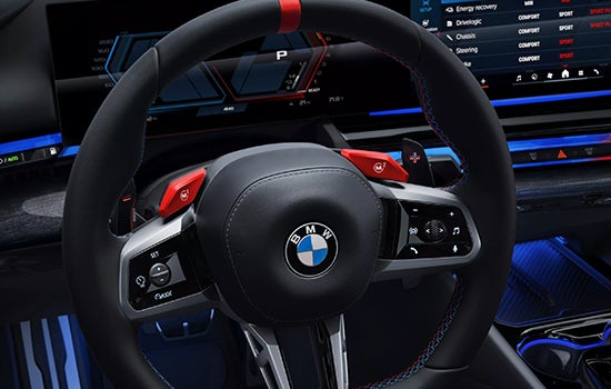 Close-up view of BMW M5 Touring steering wheel. | BMW of Morristown in Morristown NJ