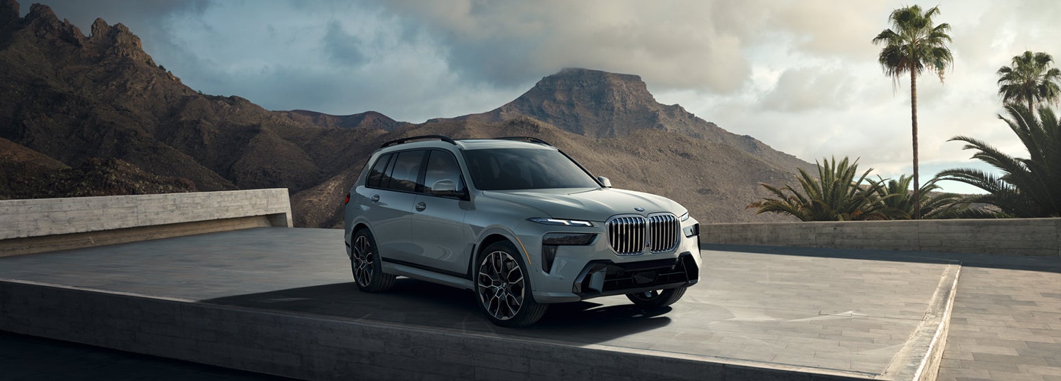 Gray BMW X7 parked with mountain and palm tree background | BMW of Morristown in Morristown NJ