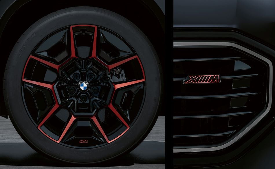 Detailed images of exclusive 22” M Wheels with red accents and XM badging on Illuminated Kidney Grille. in BMW of Morristown | Morristown NJ