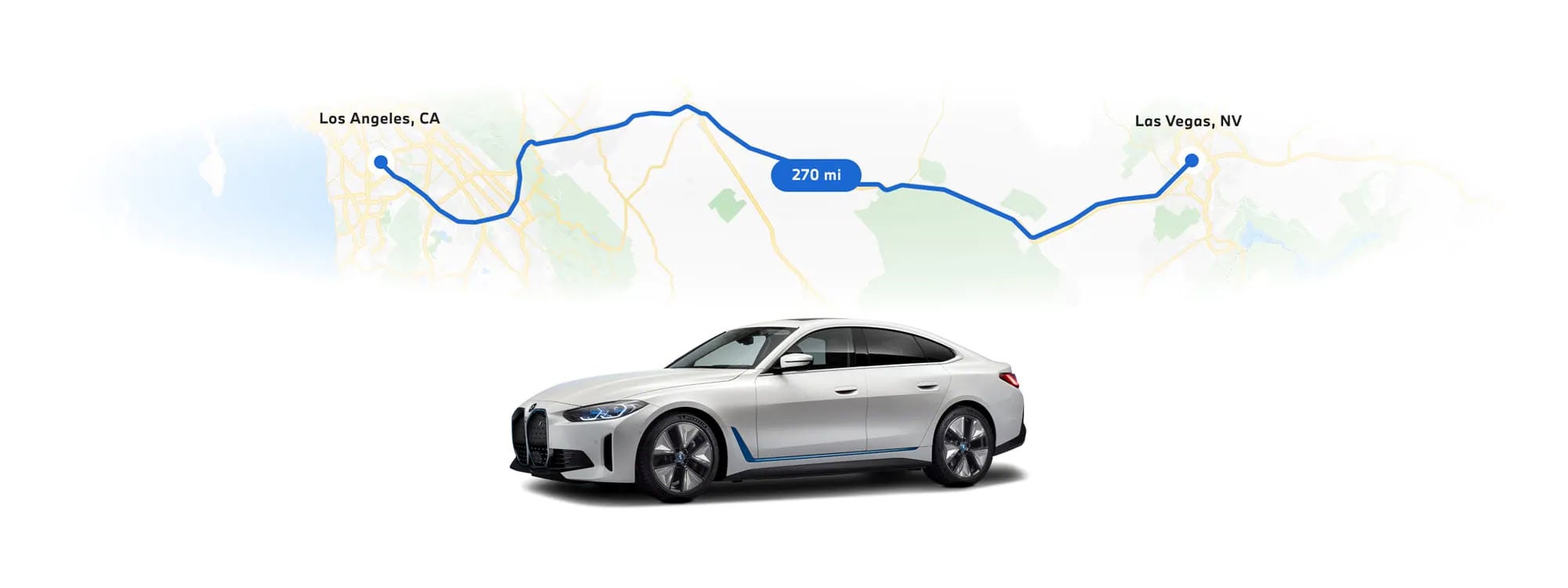 BMW i4 electric vehicle in front of a map with two destinations highlighted to indicate the range capabilities | BMW of Morristown in Morristown NJ