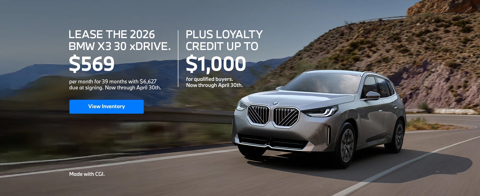 2026 X3 lease starting at $569 per month for 39 months